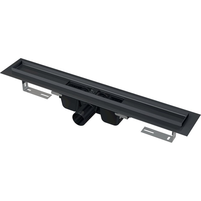 Водоотводящий желоб ALCAPLAST APZ1BLACK-1450 с порогами для перфорированной решетки, черный матовый, горизонтальный сток